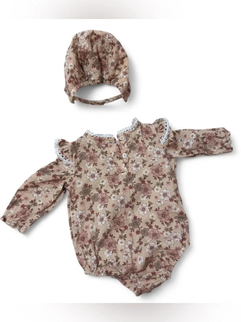 Baby Girl Floral Lace-Trim Romper with Matching Bonnet - Beige Floral